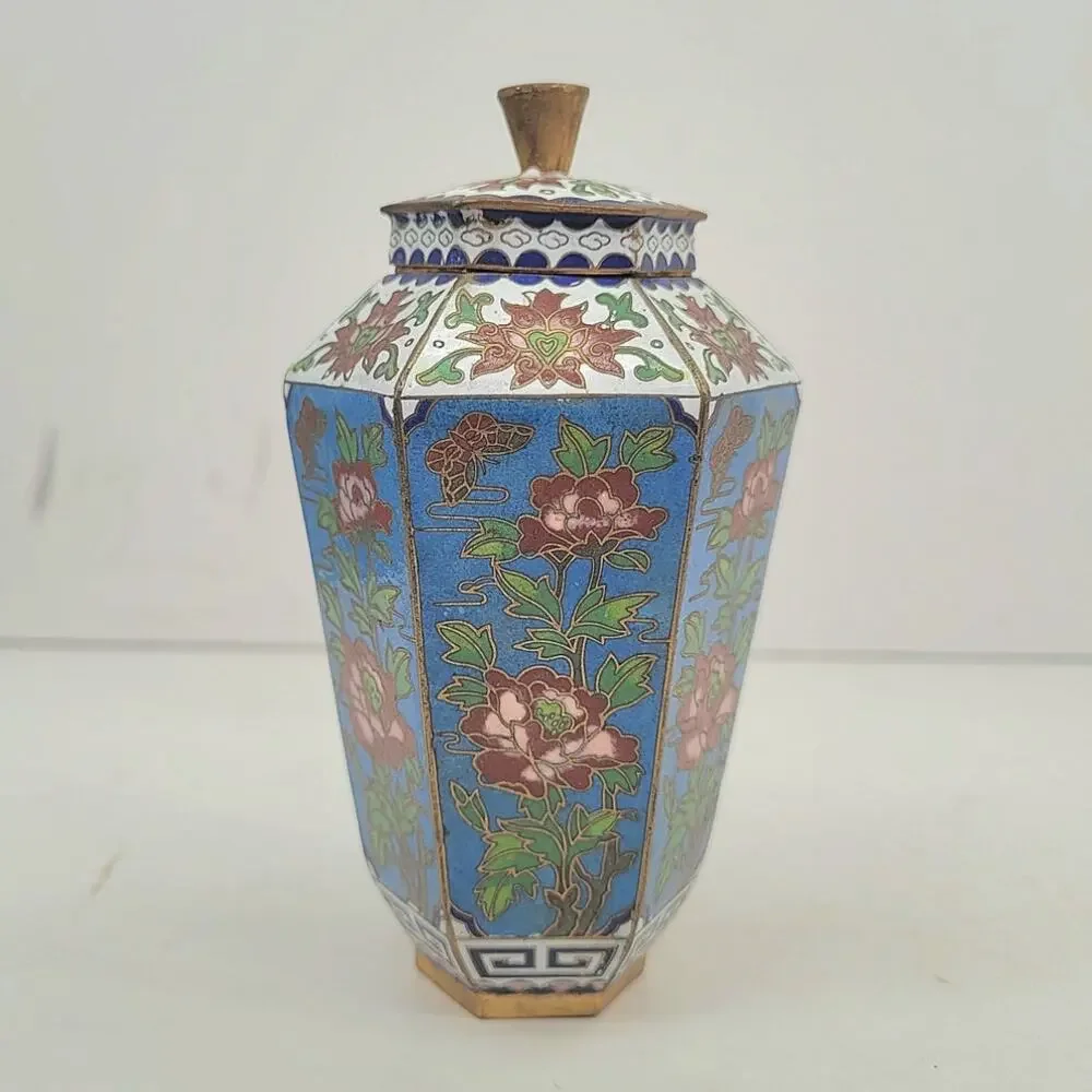 Vintage Chinese Cloisonné Blue Peony Butterfly Hexagonal Lidded Ginger Jar Decor